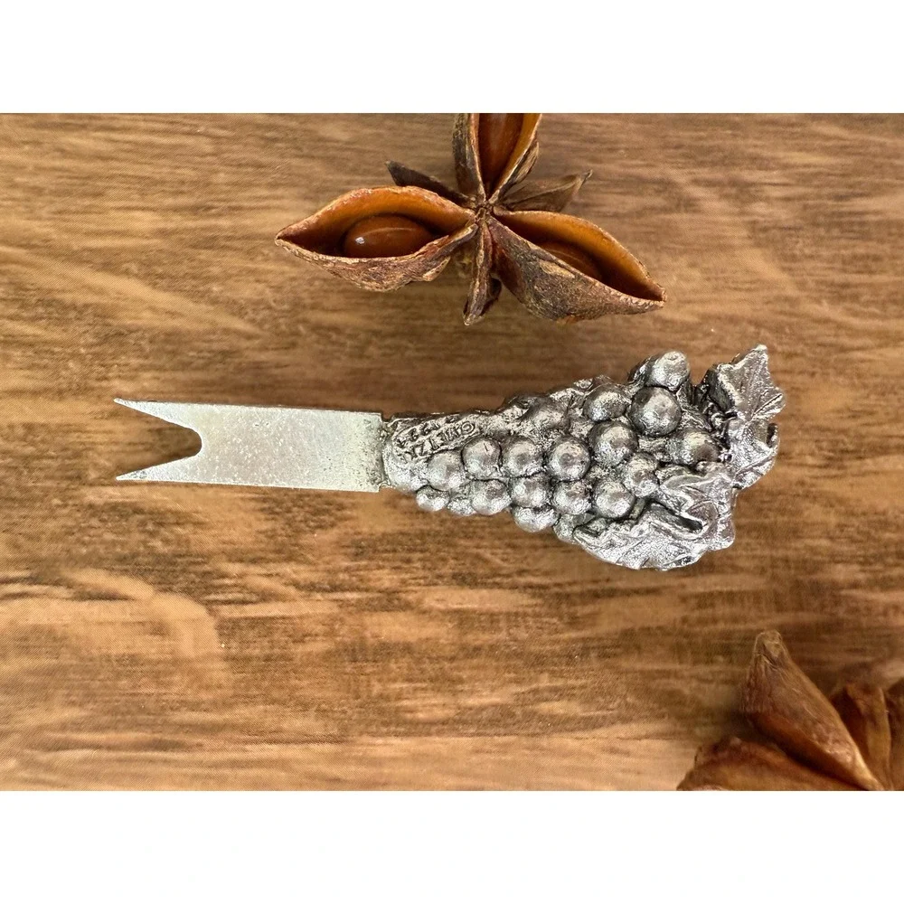 Vintage Metzke Pewter Cheese Spreader and Fork‎ Set, Grape Motif